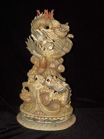 Nice Old Bone Carving Art Double Dragon Play Bead