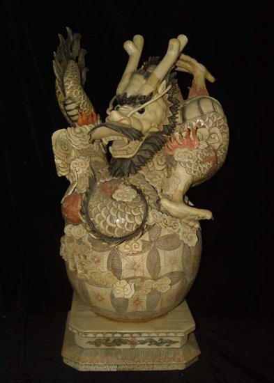 Nice Old Bone Carving Art Dragon King Entwine Bead