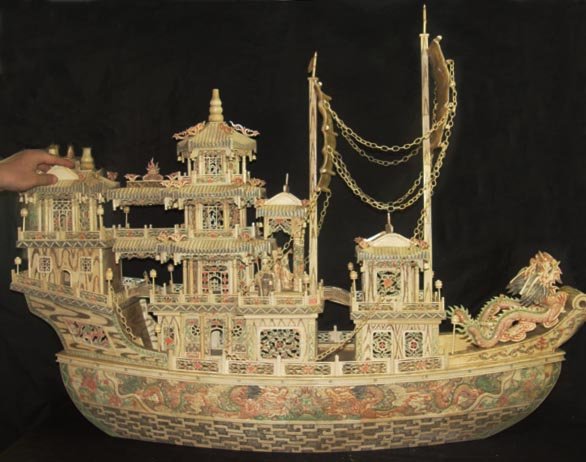 Nice Old Bone Art Carving Dragon emperor Ship 46"