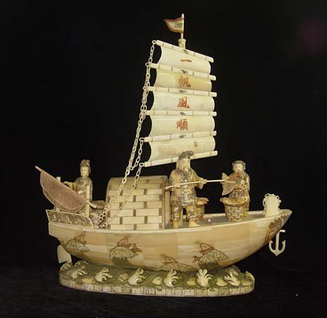 Nice Old Bone Art Carving Two Fisher By sail boat