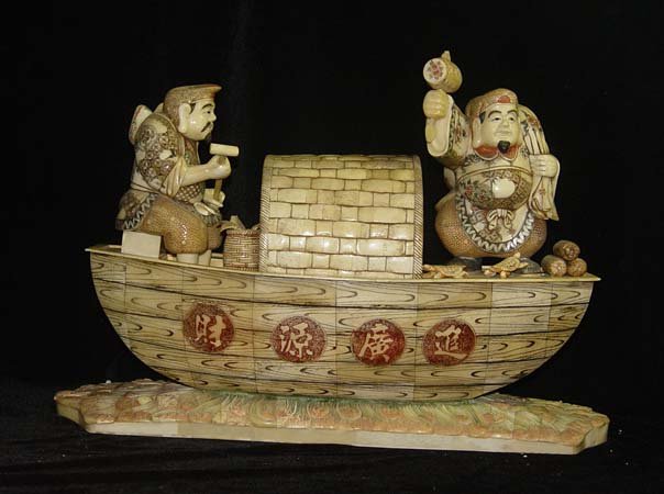 Nice Old Bone Art Carving Two Fortune God boat Bring Wealth
