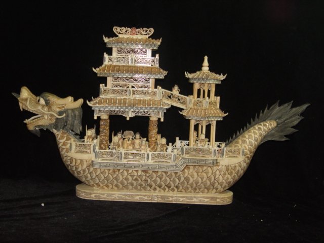 Nice Old Bone Art Handcarft Carving Dragon Ship 31"