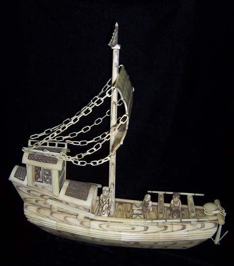 Nice Old Bone Art Handcarft Carving Sailing boat