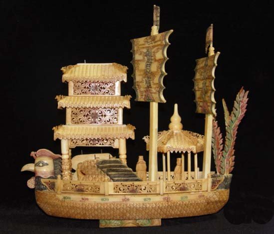 Nice Old Bone Art Handcarft Phoenxi Double Sailing boat