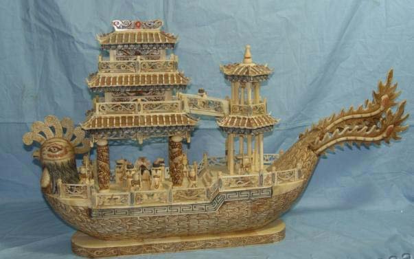 Nice Old Bone Art Handcarft Lucky Phoenix boat 30"