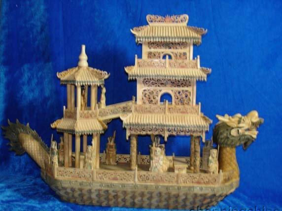 Nice Old Bone Art Handcarft Lucky Dragon boat 25"