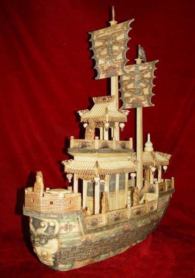 Nice Old Bone Art Handcarft Two Sailing War Ship
