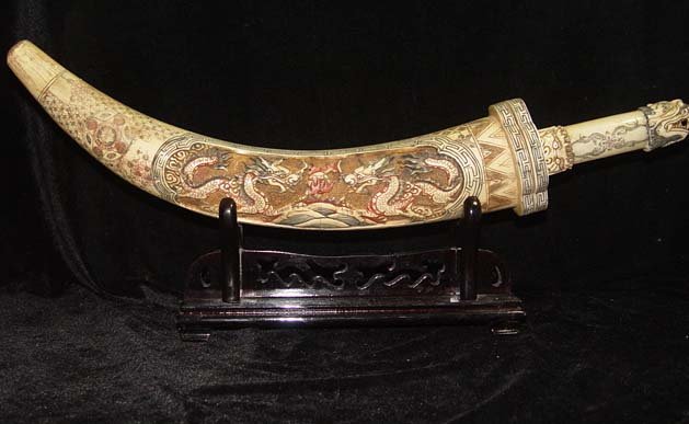 Nice Old Bone Art Handicraft Double Dragon Play Sun Sword