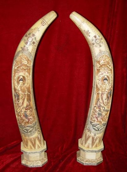 Nice Old Bone Art Handicraft Kwan-yin Ride Dragon Pair Tooth