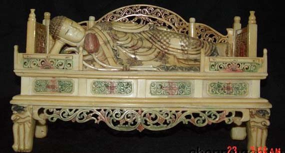 Old Bone Art Handicraft Lucky Buddha recumbent Bed Statue