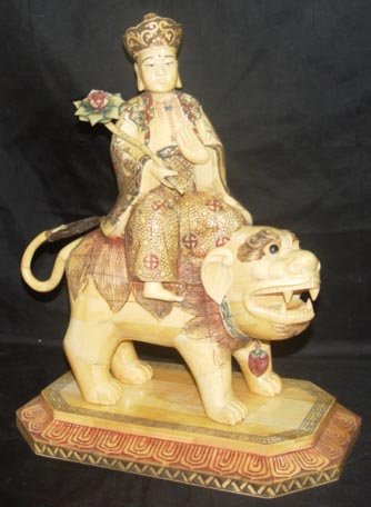 Old Bone Art Handicraft Water Lily Bodhisattva Ride Foo Dog Statue