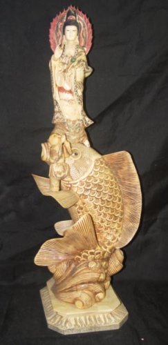 Old Bone Art Handicraft Lucky Kwan-yin Ride Fish Statue 29"