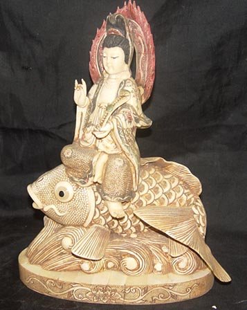 Old Bone Art Handicraft Lucky Kwan-yin Ride Fish Statue