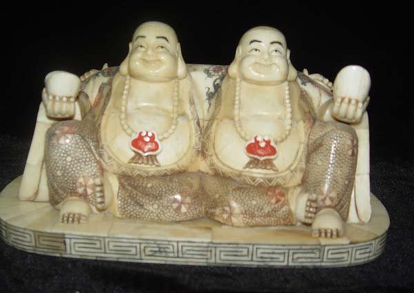 Old Bone Art Handicraft Lucky Two Fortune Buddha Figure