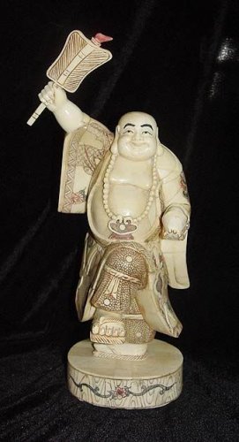 Old Bone Art Handicraft Fan Laughing Buddha Figure