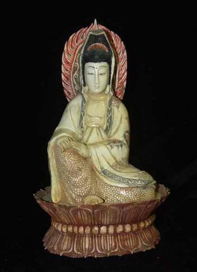 Old Bone Art Handicraft Kwan-yin Set lotus throne Figure