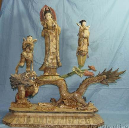 Old Bone Art Handicraft Lucky Water Lily Child Kwan-yin Figure 32"