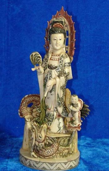 Old Bone Art Handicraft Lucky Kwan-yin Ride Dragon Statue