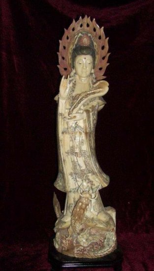 Old Bone Art Handicraft Ruyi Kwan-yin Ride Dragon Statue