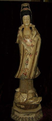 Old Bone Art Handicraft Kwan-yin prayer beads Ride Tortoise Statue