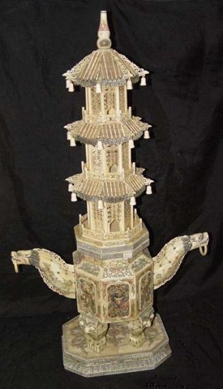 Old Bone Art Dragon Figure Handle Nice Carving Tower 37"