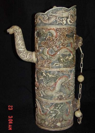 Old Bone Art Lucky Dragon Design Flagon Carving