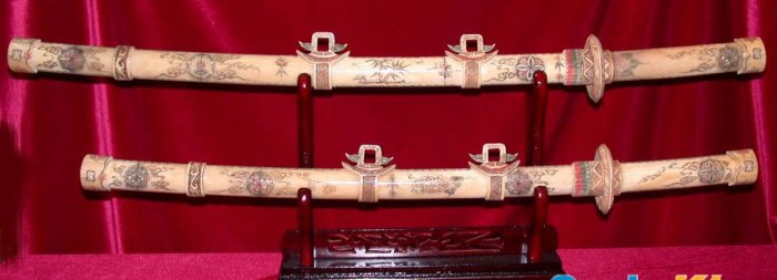 Exquisite Bone Art Handicraft Carving Two Sword On Shelf 32" Length