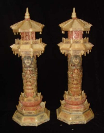 Exquisite Bone Art Handicraft Carving Pair Dragon Tower