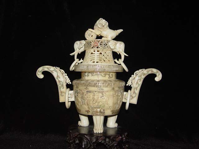 Exquisite Bone Art Handicraft Carving Dragon Foo Dog Fume Stove