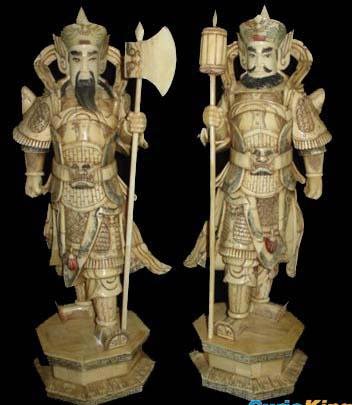 Exquisite Bone Art Handicraft Pair Safety Door God Statue