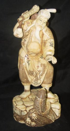 Exquisite Bone Art Handicraft Elder God Play Fish Statue