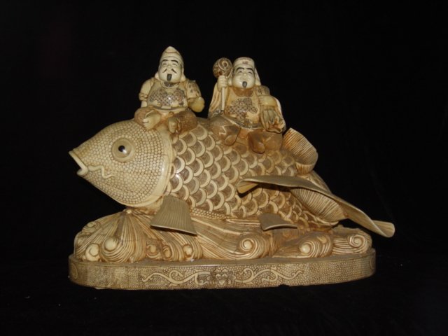Exquisite Bone Art Handicraft Two Wealth God Ride Fish Figure