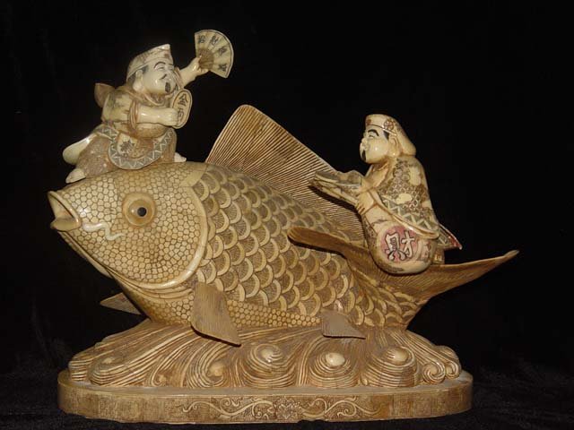 Exquisite Bone Art Handicraft Two Fortune God Ride Fish Figure