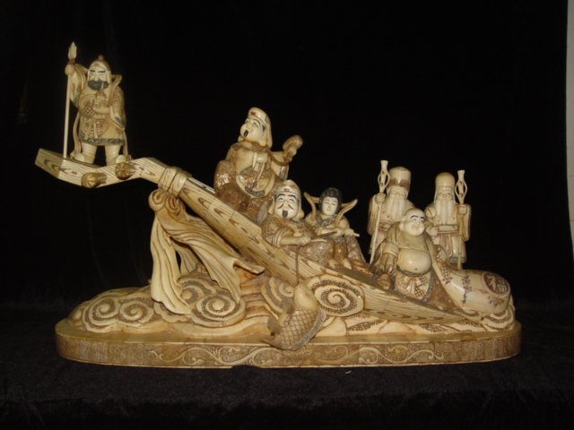 Exquisite Bone Art Handicraft Lucky Seven God By Ship Figure