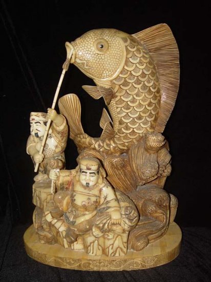 Exquisite Bone Art Handicraft Lucky Wealth God Play Fish Figure