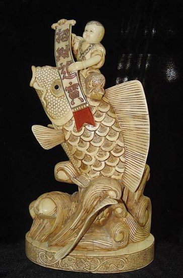 Exquisite Bone Art Handicraft Child Ride Fish Great Figure