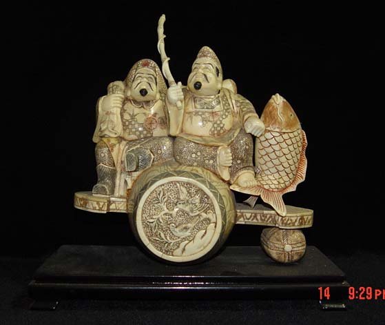 Exquisite Bone Art Handicraft Two Lucky Wealth God Great Figure