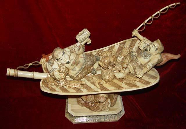 Exquisite Bone Art Handicraft Two Wealth God Sit Fan Ship Figure