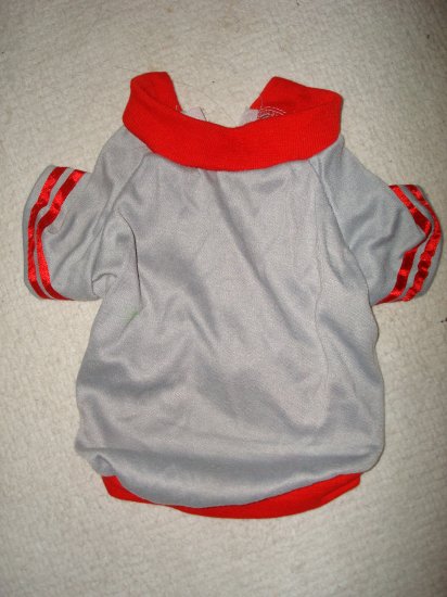 Silver shirt with red stripped sleeve