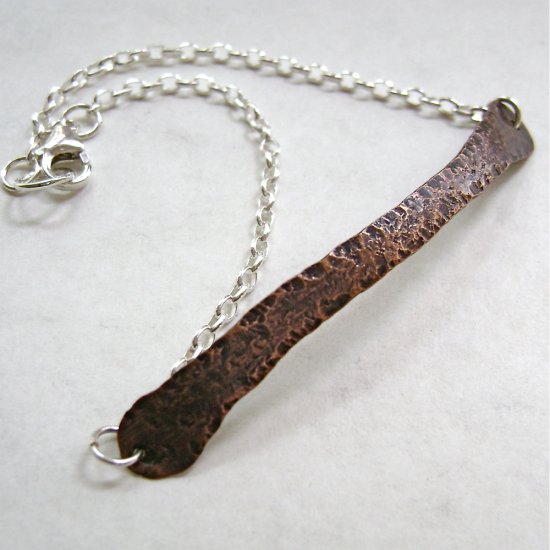 Hammered Copper Bar on Sterling Silver Chain Artisan Bracelet