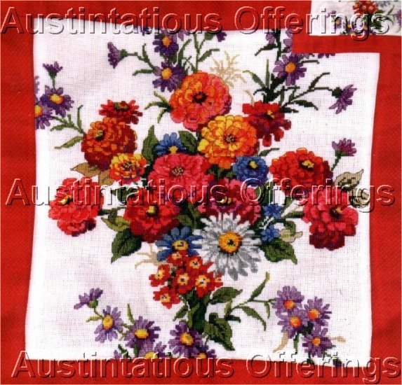 HARD TO FIND SUMMER ZINNIA FLORAL CROSS STITCH PILLOW KIT