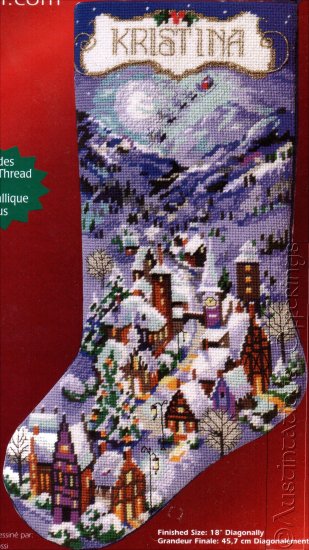 RARE ROSSI SNOWY WINTER VILLAGE NEEDLEPOINT CHRISTMAS STOCKING KIT
