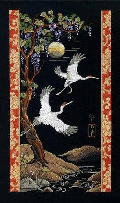BLACK BACKGROUND ORIENTAL WHOOPING CRANES CROSS STITCH KIT