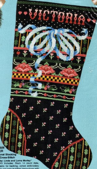 RARE VICTORIAN BLACK BAND SAMPLER CHRISTMAS CROSS STITCH STOCKING KIT