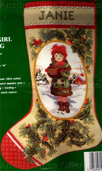 RARE CHILD PORTRAIT MINIATURE NEEDLEPOINT STOCKING KIT GIRL WITH HAT AND FUR MUFF