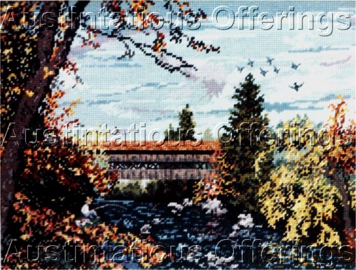 RARE EUNICE BEAM COVERED BRIDGE COUNTED NEEDLEPOINT KIT FISHING BOY