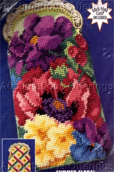 FLORAL NEEDLEPOINT KIT GOLD CLASP PURSE/ EYEGLASS CASE