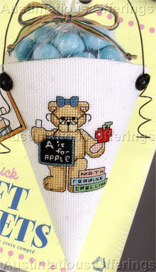 CROSS STITCH KIT TEACHER GIFT POCKET TEDDY BEAR , APPLE