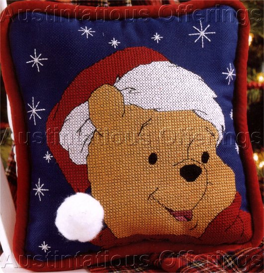 SANTA POOH BEAR SNOWY CHRISTMAS CROSS STITCH PILLOW KIT