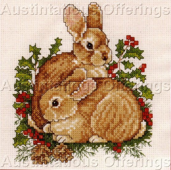 WOODLAND BUNNIES HOLLY BERRIES MINI CROSS STITCH KIT
